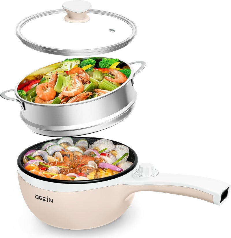 DEZIN Hot Pot Electric with Steamer Upgraded, Non-Stick Sauté Pan, Rapid Noodles Electric Pot, 1.5L Mini Pot for Steak, Egg, Fried Rice, Ramen, Oatmeal, Soup with Power Adjustment - Image 1